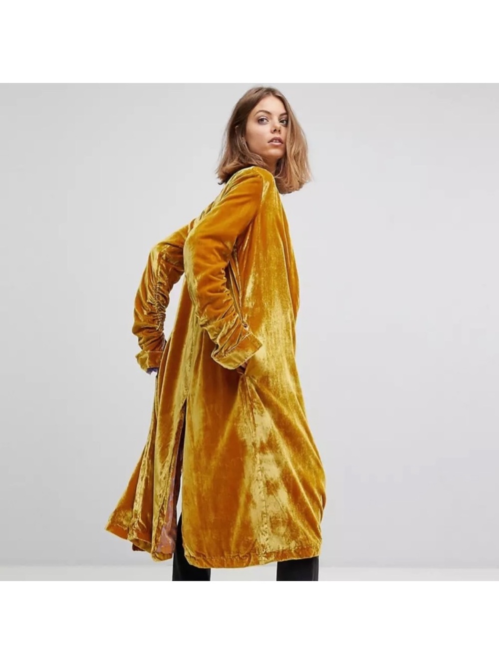 NWOT FREE PEOPLE Dahlia Velvet Duster Coat Jacket In Gold w Purple Tassels Large - Picture 2 of 10